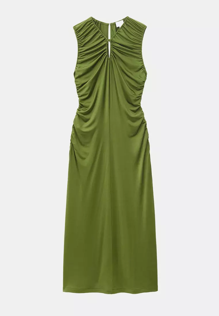Ruched Keyhole-Neck Midi Dress
