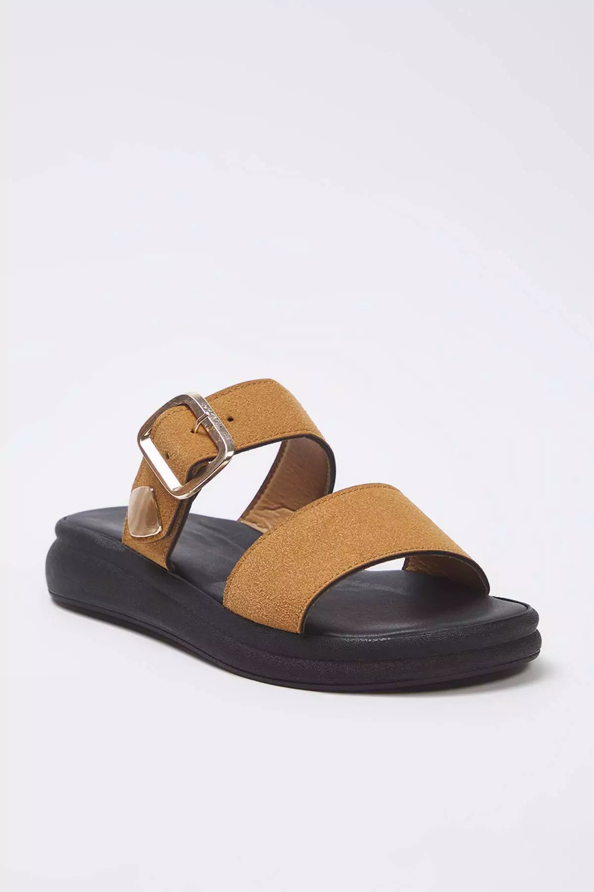 Camel Suede Gold Buckle Flat Women's Slippers Takss25Te00006