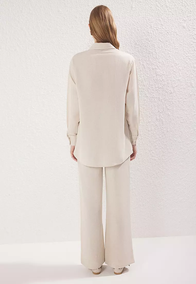 Beige Linen Look Mother-of-Pearl Buttoned Woven Bottom-Top Set TCTSS25US00029