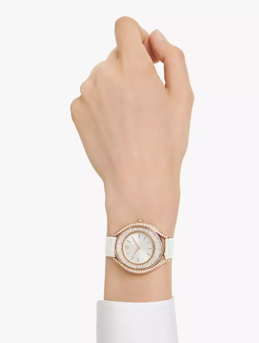 Crystalline aura watch, Swiss Made, Leather strap, White, Rose gold-tone finish