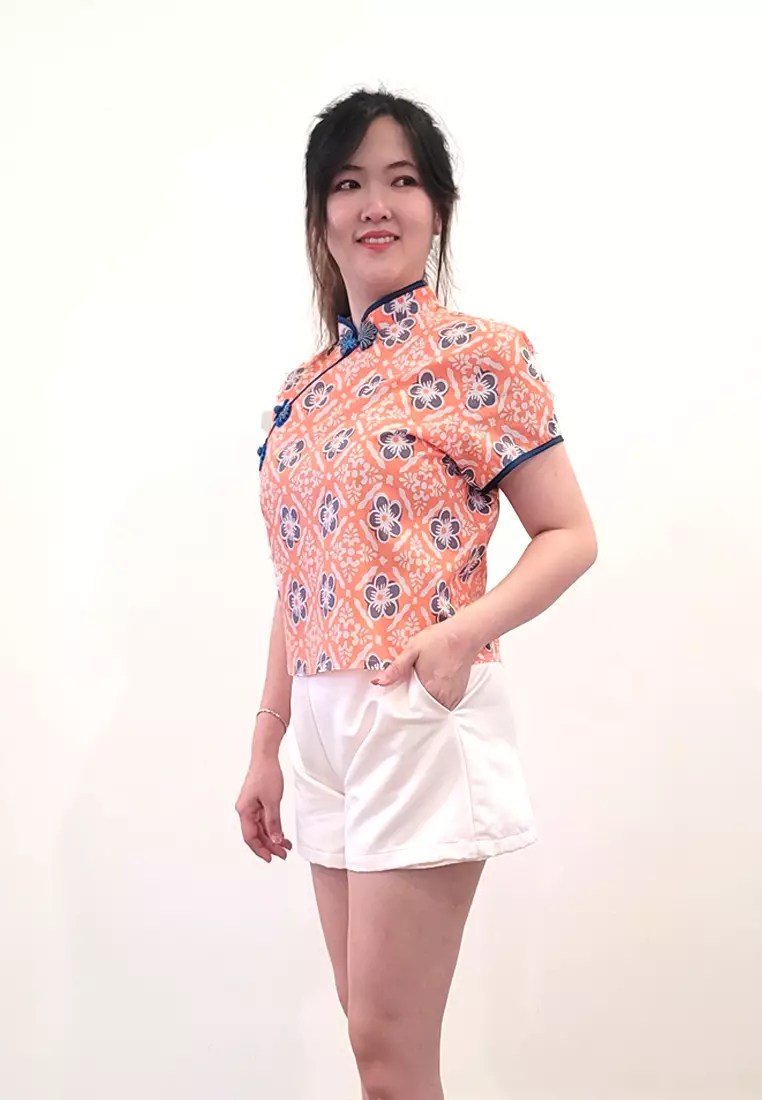 Ivory Cheongsam Cap Sleeves Top Orange Blue Stamped Batik