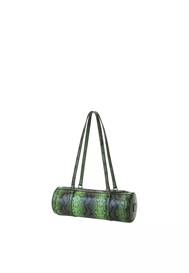 Barrel Baguette Bag - Snake Embossed Green