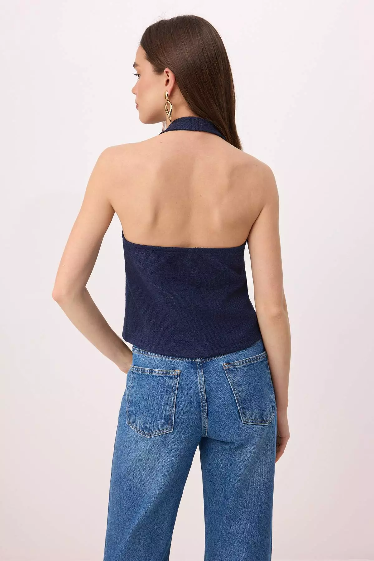Navy Blue Fitted Tweed Fabric Floral Button Accent Piece Crop Knitted Vest Twoss25Ye81