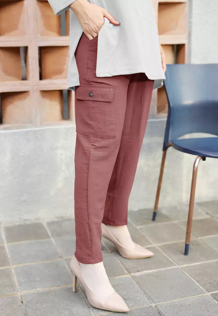 Cotton Bee - Tirana Pants | Celana Wide Legs Wanita | Kulot Basic Pocket - Chrysan Berry