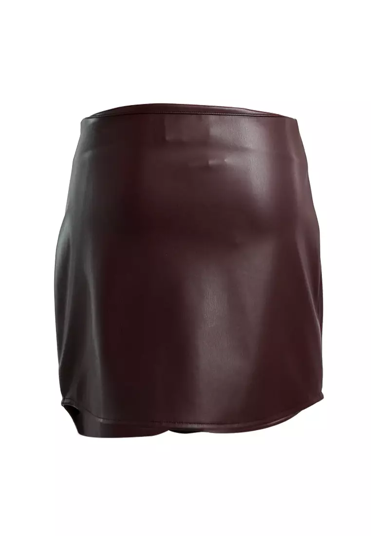 Rok Mini Kulit Imitasi Wanita Cokelat
