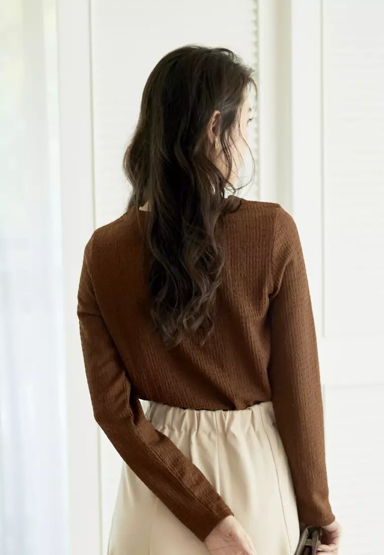 Textured Twist-Front  Chiffon Long Sleeve Top [AB18052]