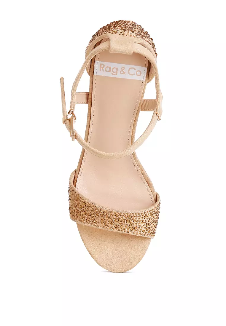 Rhinestones Embellished Sandals in Beige