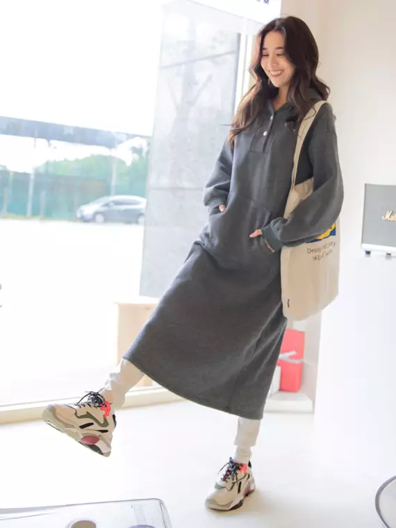 Buy OBSTYLE Casual Loose Buttoned Pocket Hooded Long Sleeve Dress