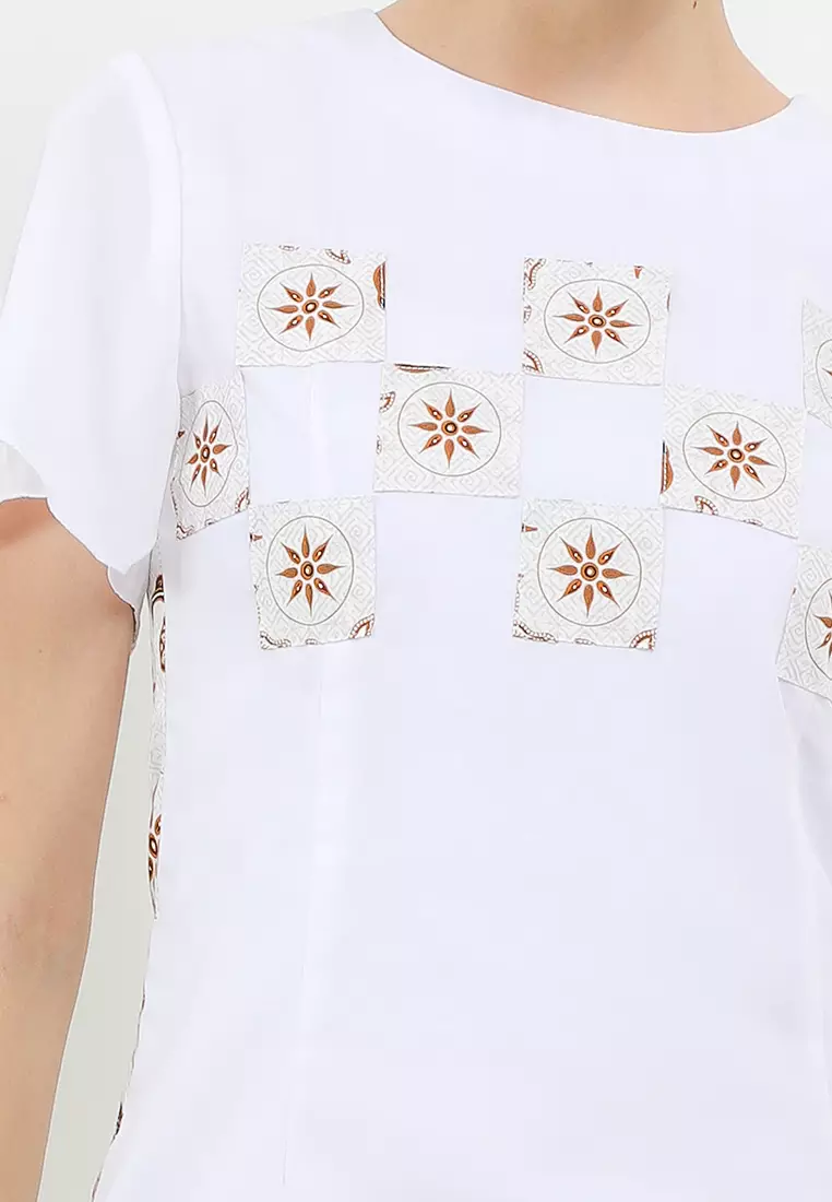 Blouse Atasan Basic Batik Wanita Mara Putih Lengan Pendek