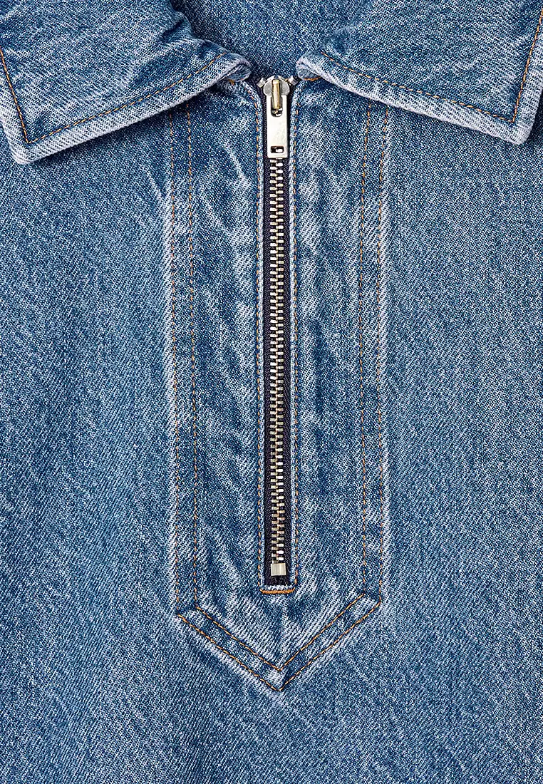 Collared Neck Half Zip Denim Dress