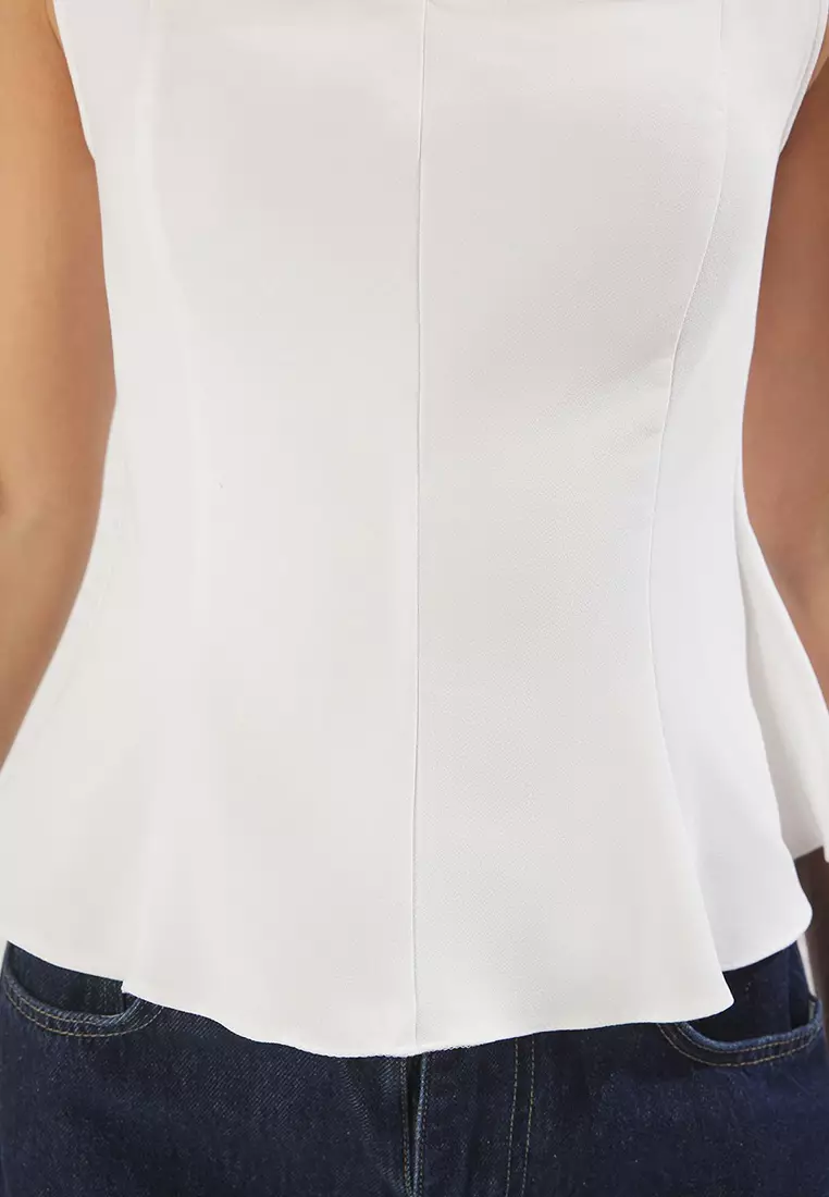 White Fitted Square Neck Peplum Woven Blouse Twoss25Bz00497
