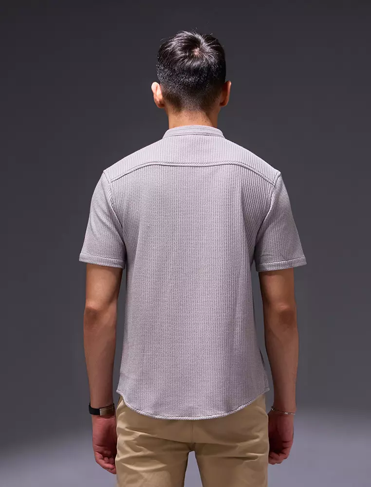 OXCON kemeja Tangan Pendek Waffle Kerah Collarless Light Grey