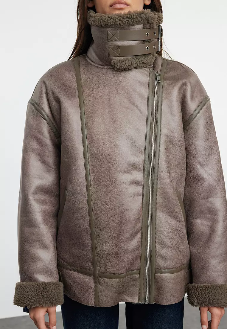 Mink Coat Collar with Belt Detail Plush Suede Biker Jacket Coat TWOAW25MO00011