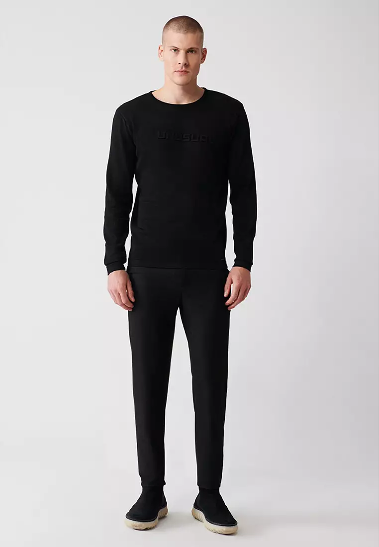 Men's Black Crew Neck Printed Rayon Knitwear Sweater A32Y5033