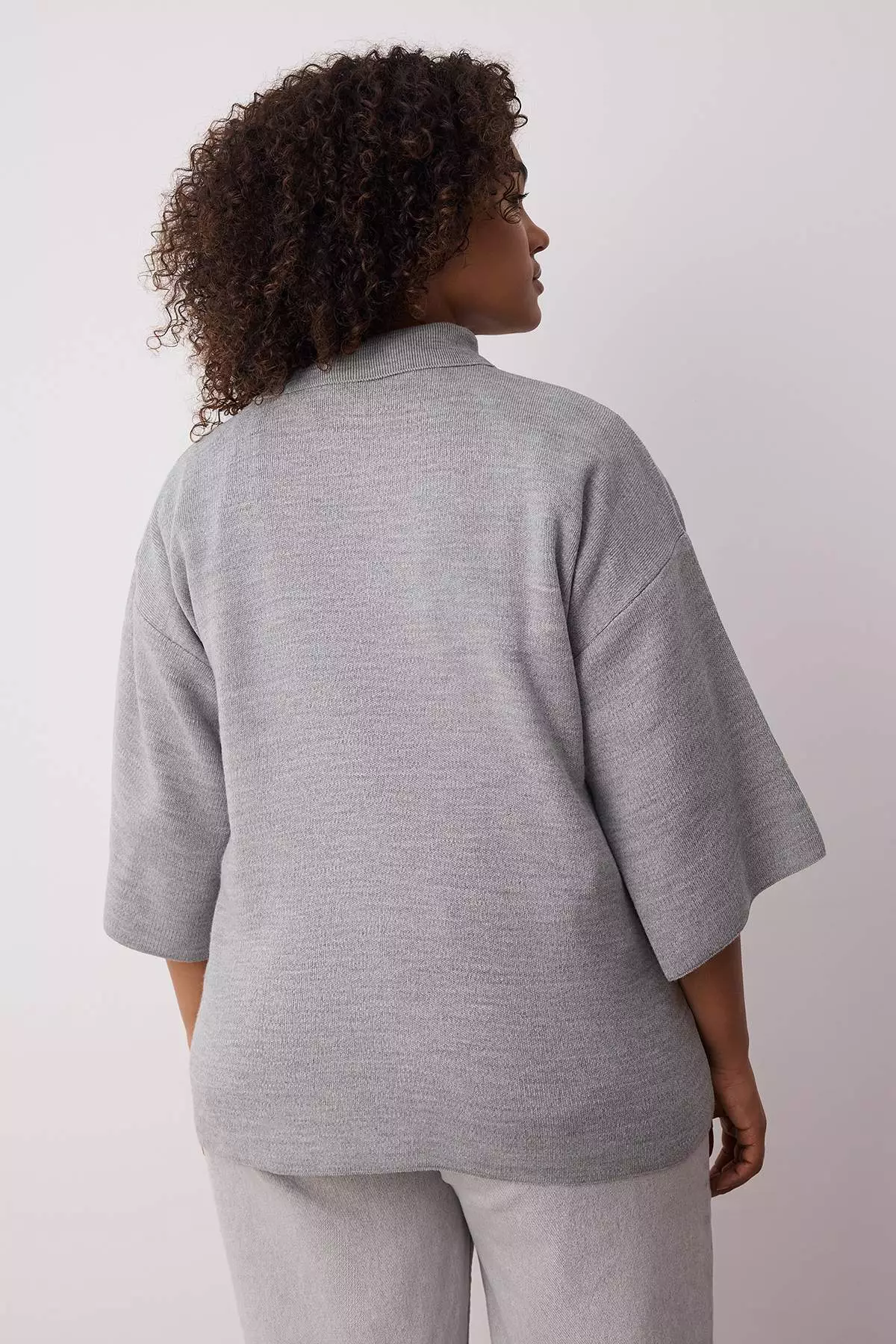 Gray Polo Collar Zipper Detailed Knitwear Sweater Tbbaw23An00056