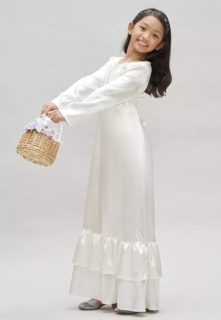 Girl OffWhite Dress with Flower Brooch Baju Hari Raya