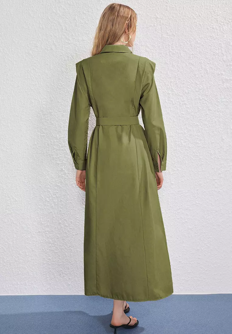 Khaki Belt Buckle Detailed Woven Terrycotton Dress Tctss25Eb00134