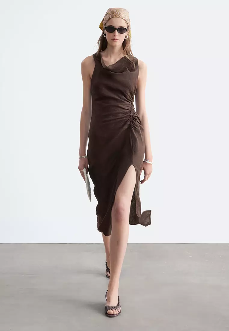 Twist-Strap Linen Midi Dress