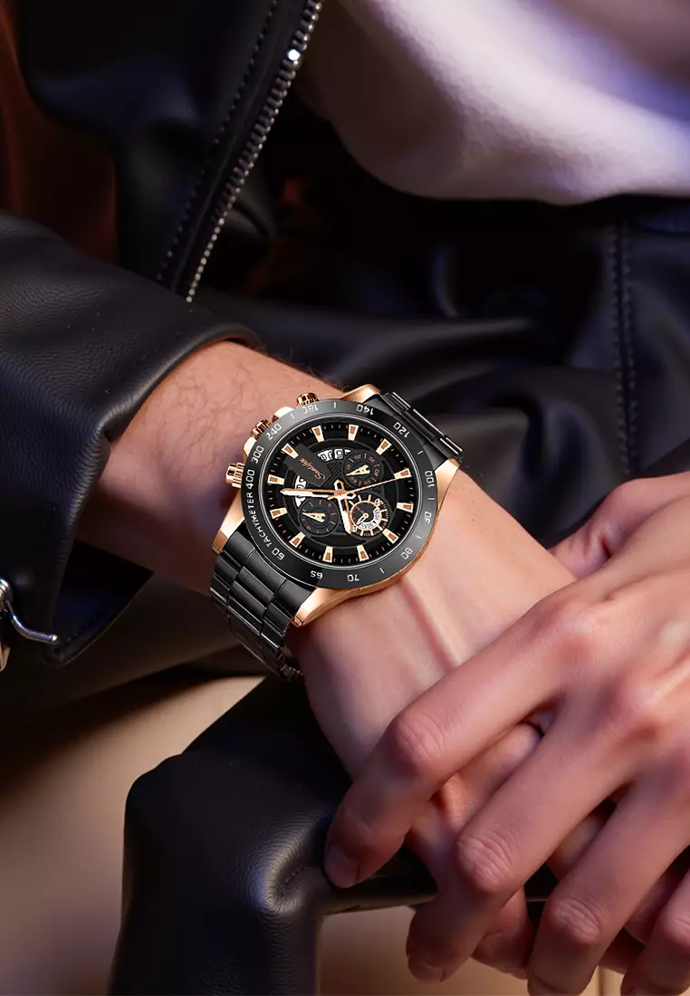 Jam Tangan Pria SL3321 Quartz Kalender Bercahaya Olahraga Tali Stainless Steel Jam Tangan Cowok blackgold