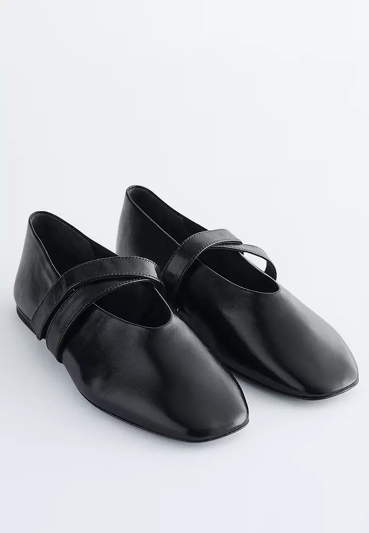 Cross-Strap Leather Ballet Flats