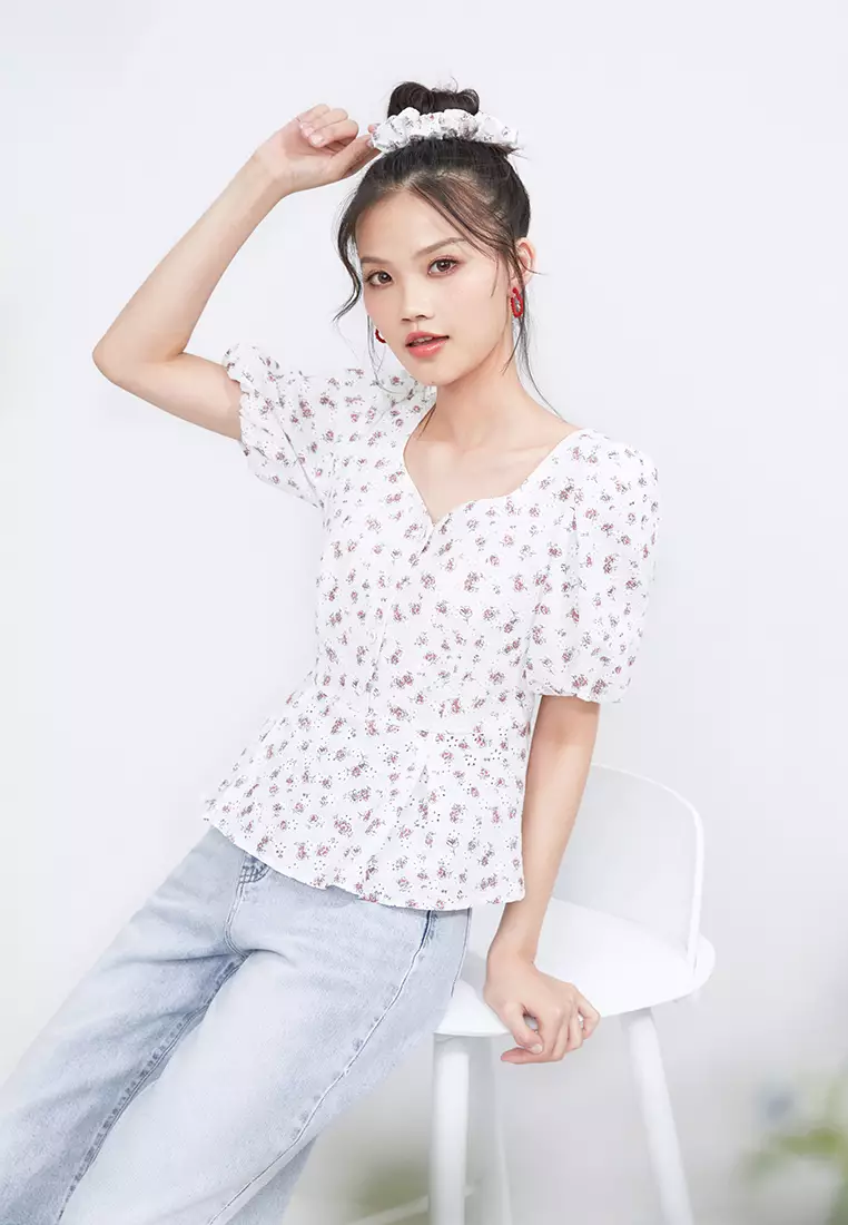 Puff Sleeve Square Neck Floral Blouse
