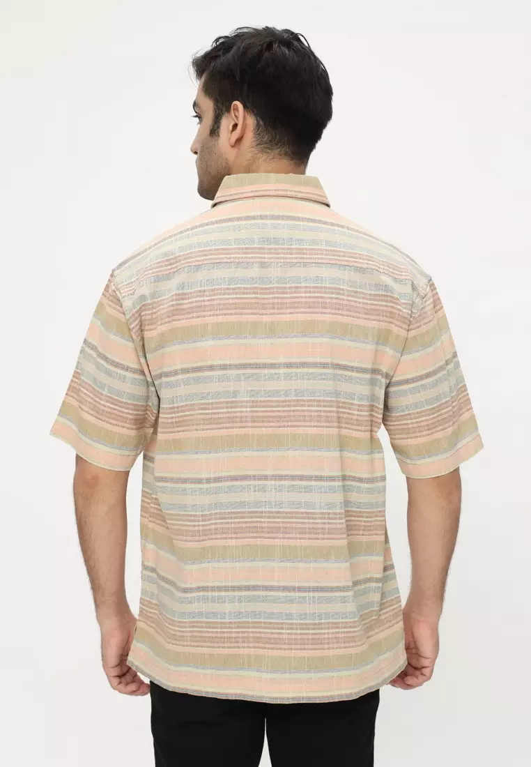 POLICE Kemeja Salur Printing Khaky Orange Regular Fit Pria