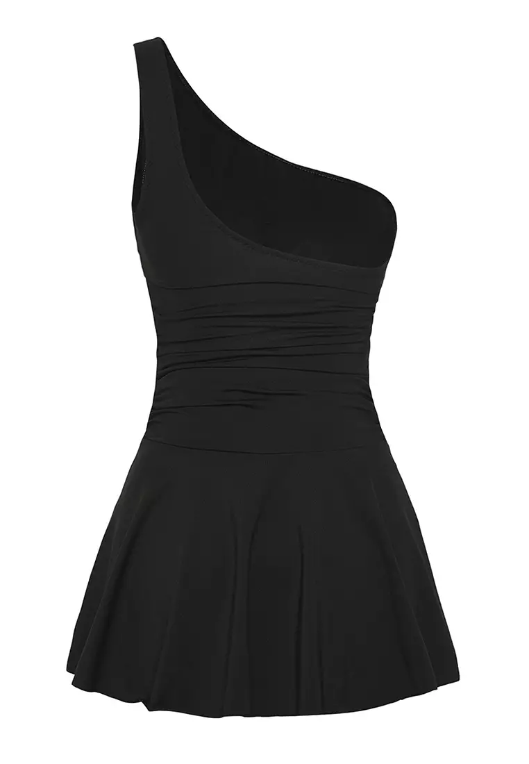 Black One Shoulder Skirt Shorts Swimsuit Tbess25Ma00061