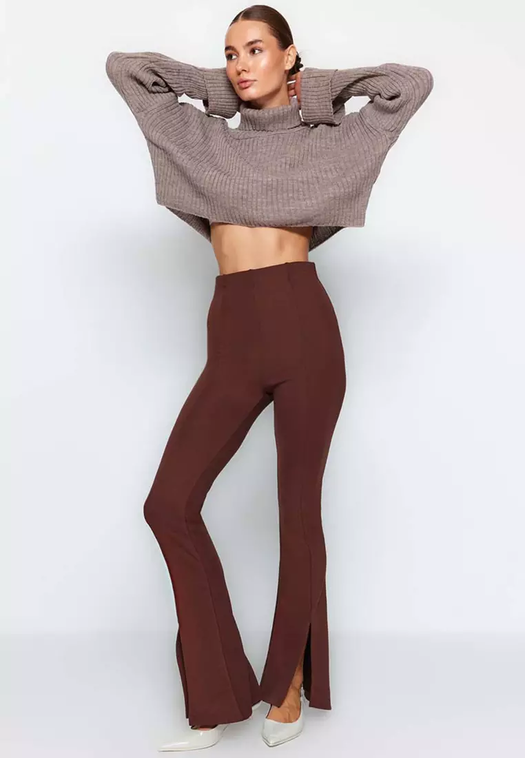 Buy Trendyol Brown With Front Slit Flare High Waist Interlock Knitted Pants  Online