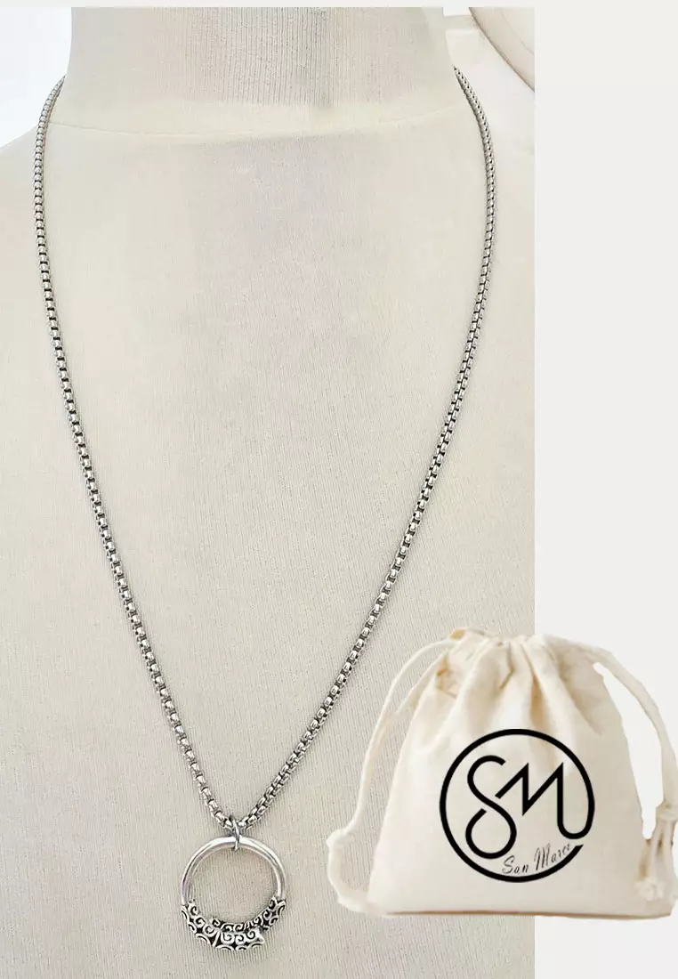 Aksesoris Pria Ethnic Ring Pendant Premium Stainless Steel Necklace Kalung Pria Cincin Silver
