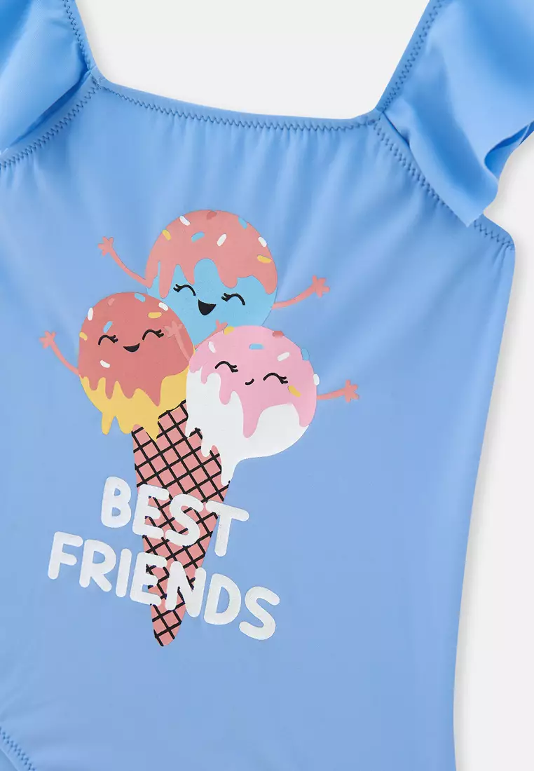 Blue Swimsuits, Ice Cream Print, Non-wired, Swimwear for Girls