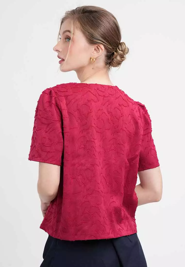 Sola Textured Zip-Front Blouse with Puff Sleeves