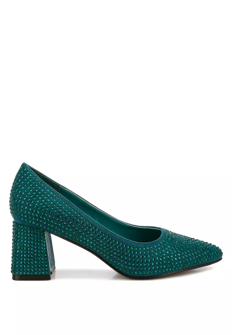 Rhinestones Embellished Pumps in Bottle Green