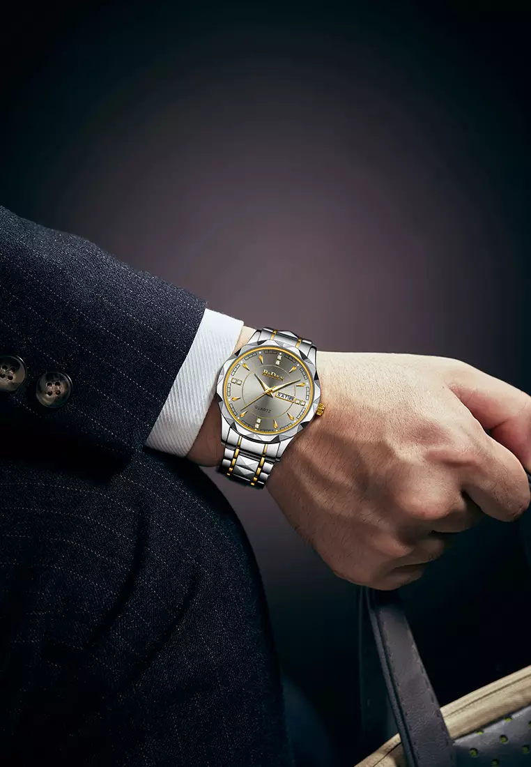 Jam Tangan Pria Anti Air Original Cowok Kalender Bercahaya Analog Luminous Stainless Steel Men Watch abu-abu