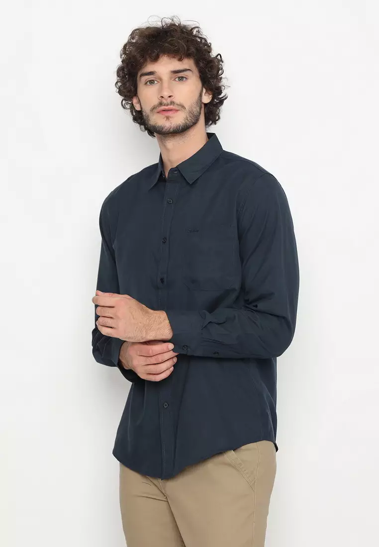 POLICE Kemeja Polos Basic Cotton Soft Navy Regular Fit Lengan Panjang Pria