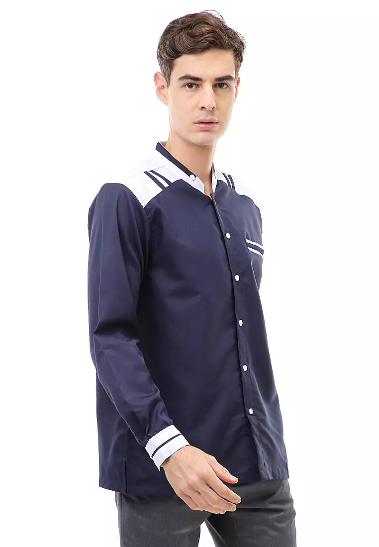 Dwan Atasan Formal Pria Kemeja Koko Long Sleeve List Bahu Material Cotton ORIGINAL - Navy