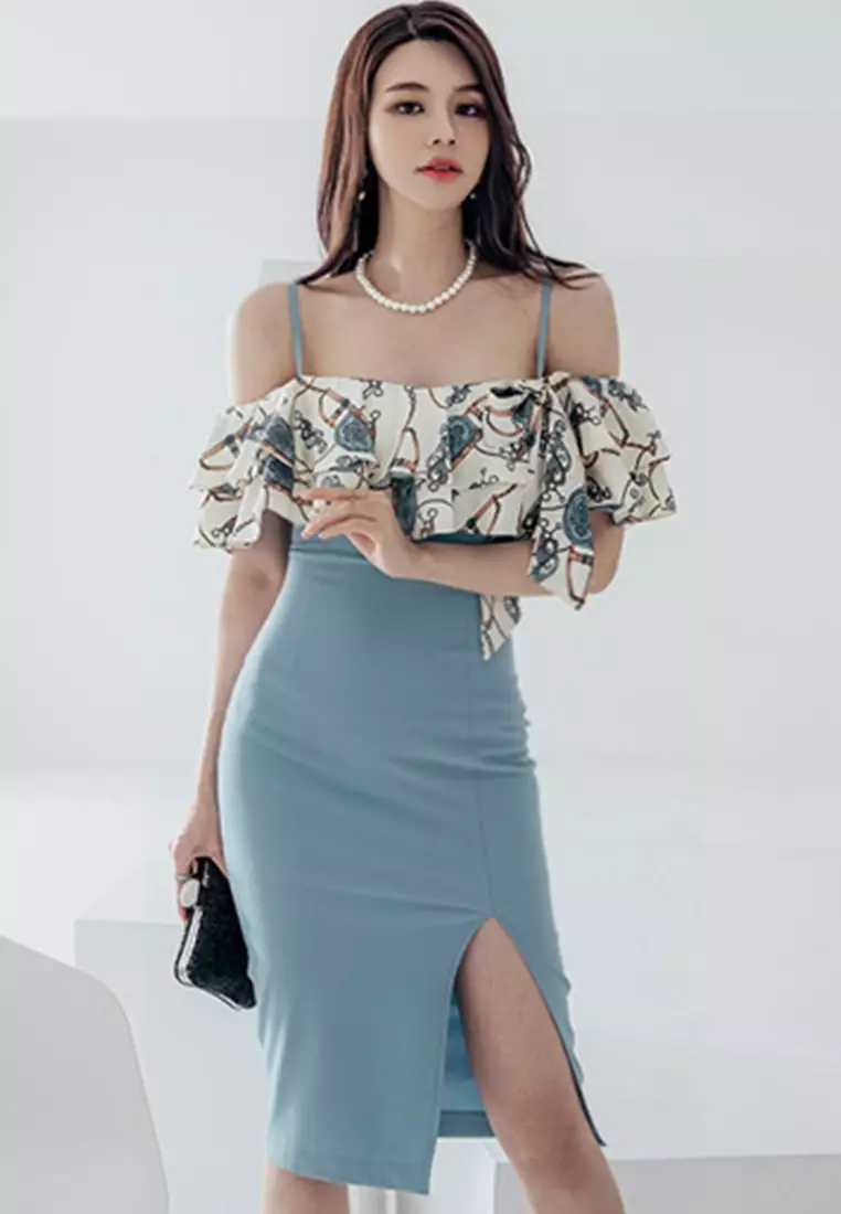 Sexy Suspender Print Ruffled Hip One Piece Dress A22022529