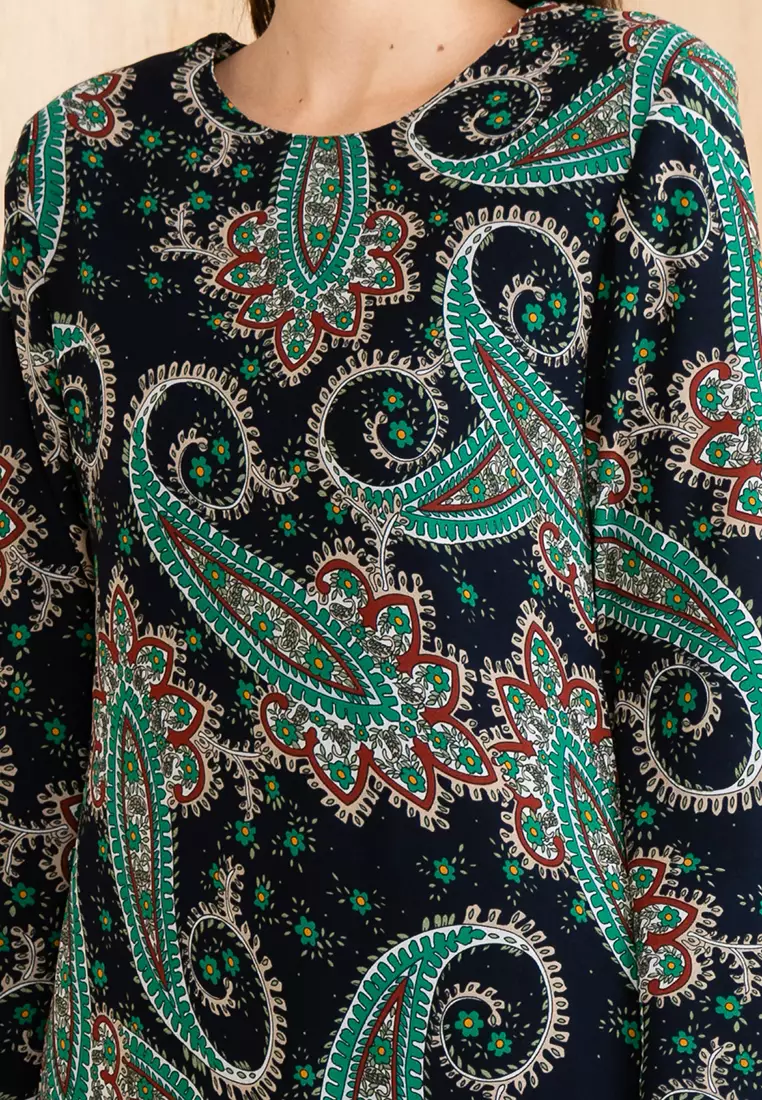Paisley Batik Prints Baju Kurung Moden Chiffon in Dark Blue