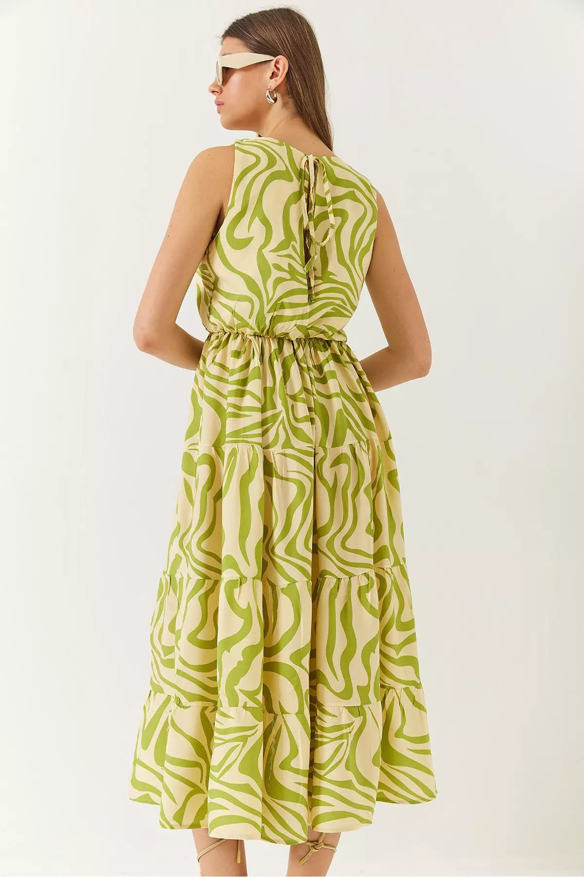 Women's Double Breasted Neckline Elastic Waist Back Rope Tie Print Dress 60261428