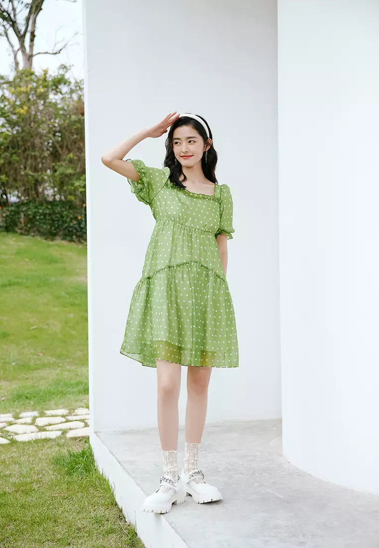 Puff Sleeve Square Neck Polka Dot Dress