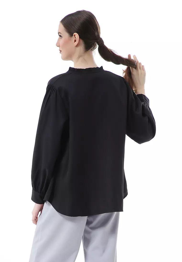 Vionka Kemeja Atasan Wanita Opnaisel Motif Polos - Black