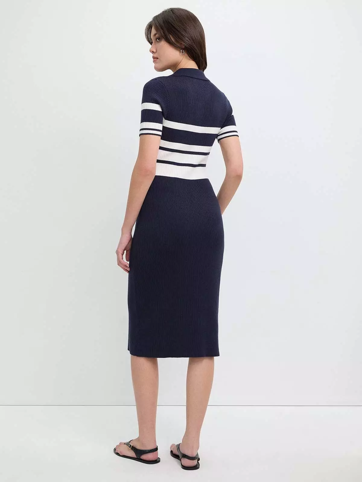 Pomelo - Midi Dress Wanita - Short Sleeve Polo Collar Striped Midi Dress - Navy