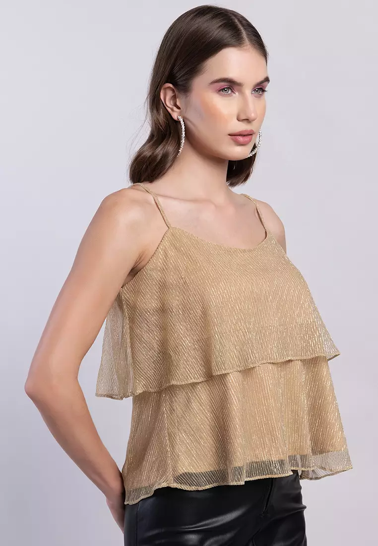 Gold Plisse Strappy Layered Top