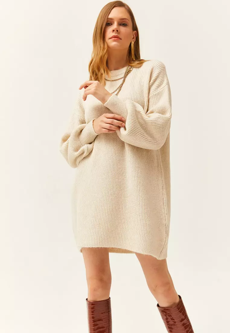 Balloon Sleeves Textured Knitted Dress