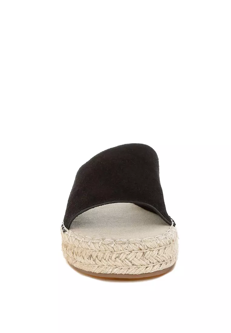 Sepatu Flat Espadrille Kulit Lembut Asli Warna Hitam