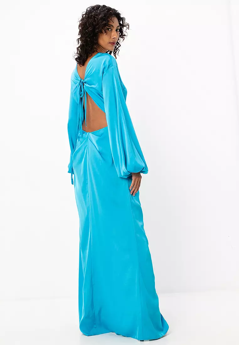 Exaggerated Sleeves Open Back Wrap Dress