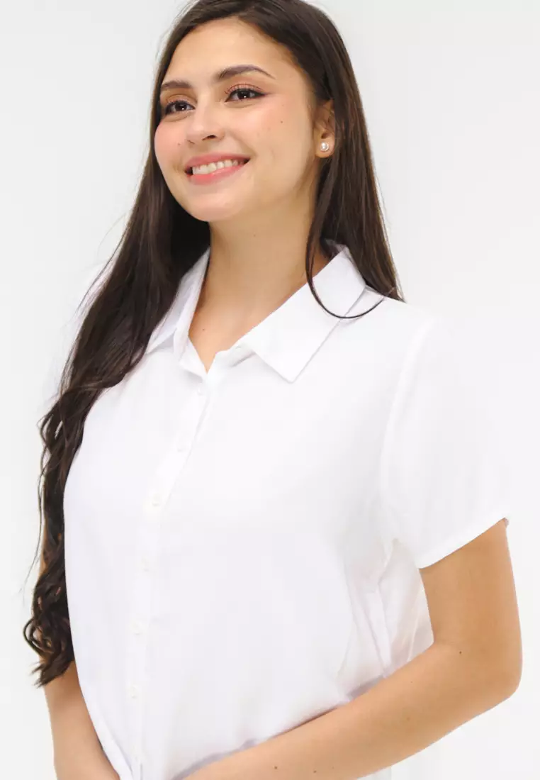 Bold Twill Rayon Short Sleeves Button Down Blouse