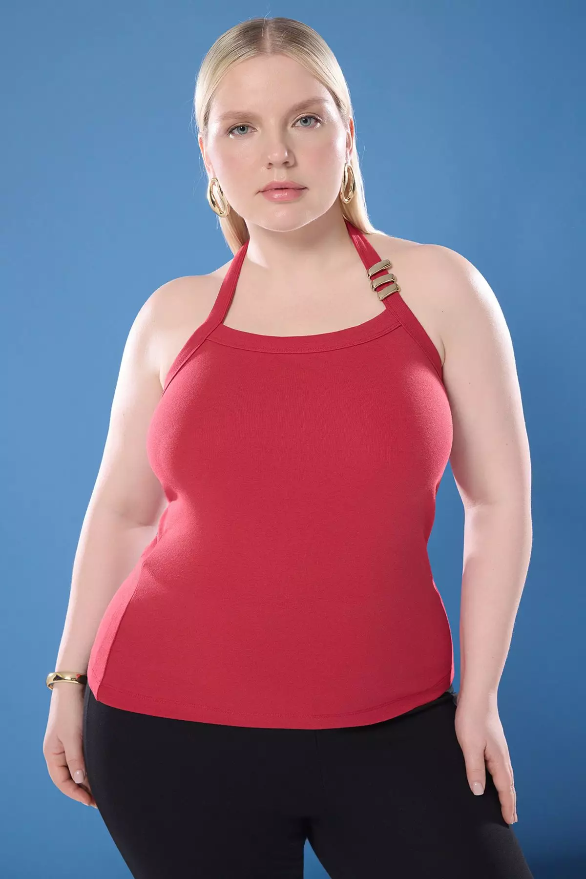 Red Accessory Fitted Knitted Plus Size Blouse Tbbss25Af00055