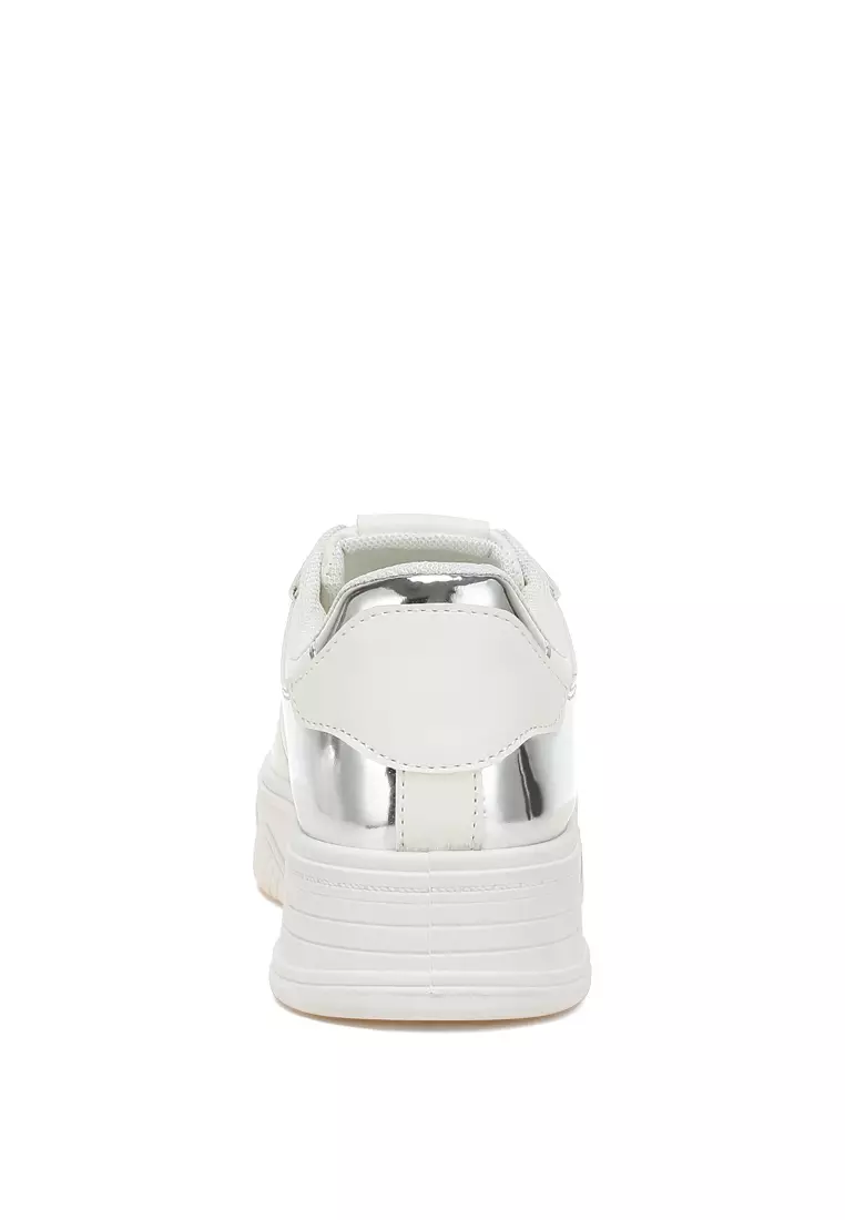 Metallic Paneling Platform Sneakers in White Silver