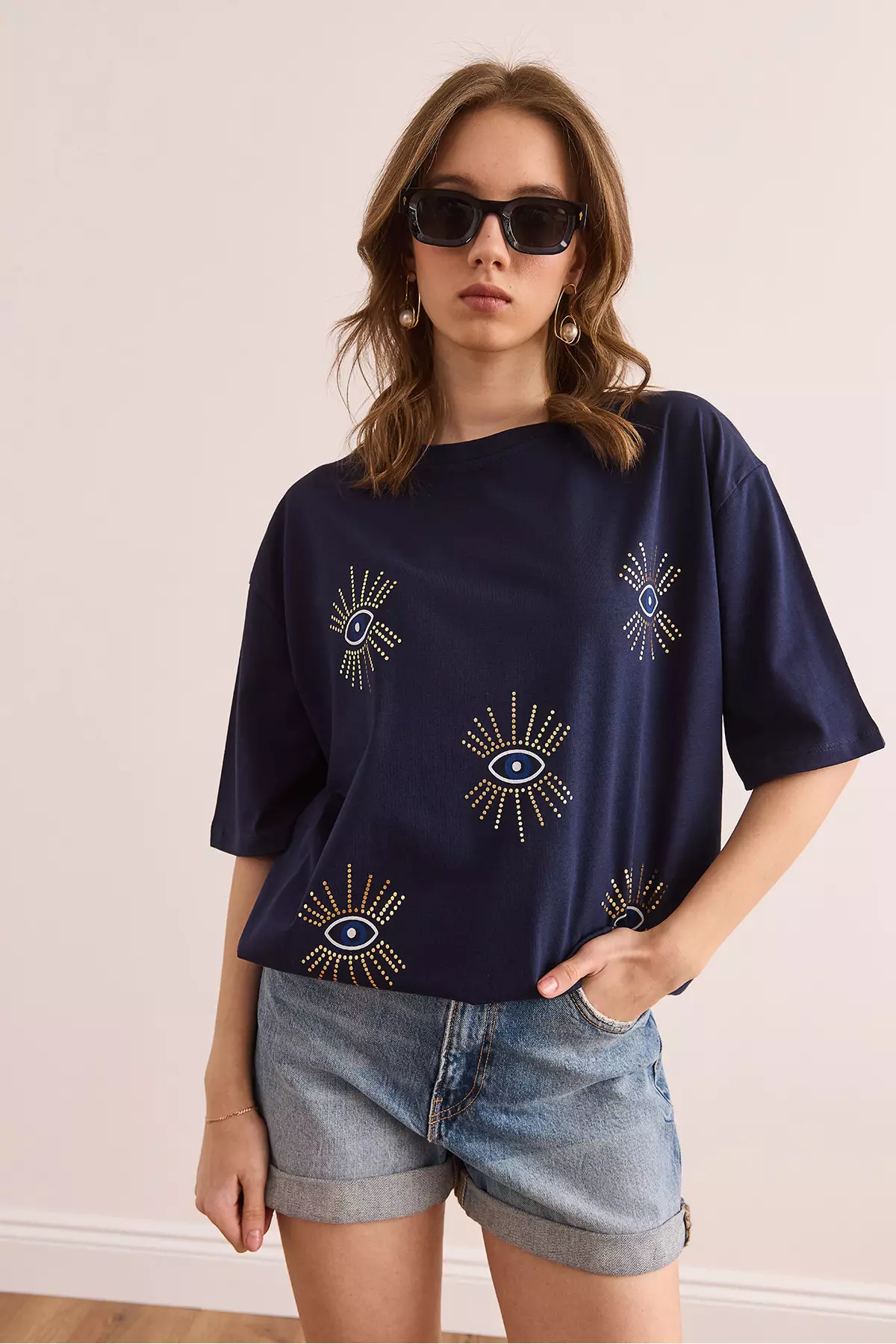 Women's Navy Blue Eye Printed Foil Detailed T-Shirt Tsh- 19000770