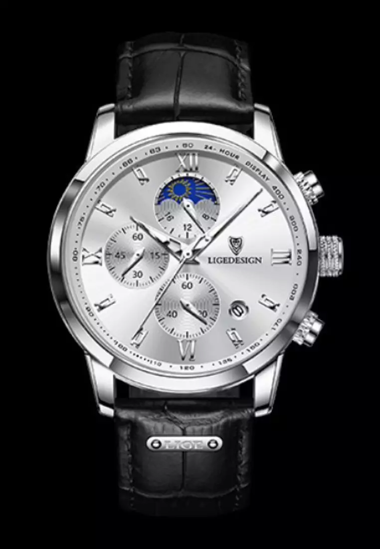 Unisex Stainless Steel Chronograph Quartz Watch 43mm, white dial, on Black Leather Strap
